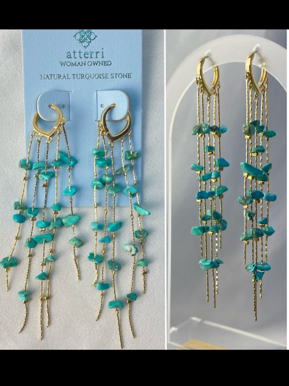 NEW Atterri Natural Turquoise Stone Tassel Fringe Hoop Earrings • Festival Boho